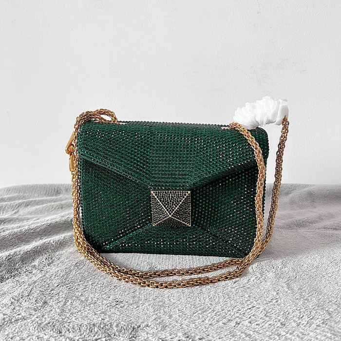 Valentino One Stud Rhinestone Embroidery Small Bag Green V0137