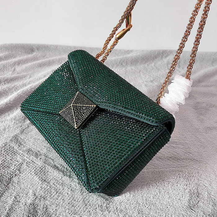 Valentino One Stud Rhinestone Embroidery Small Bag Green V0137