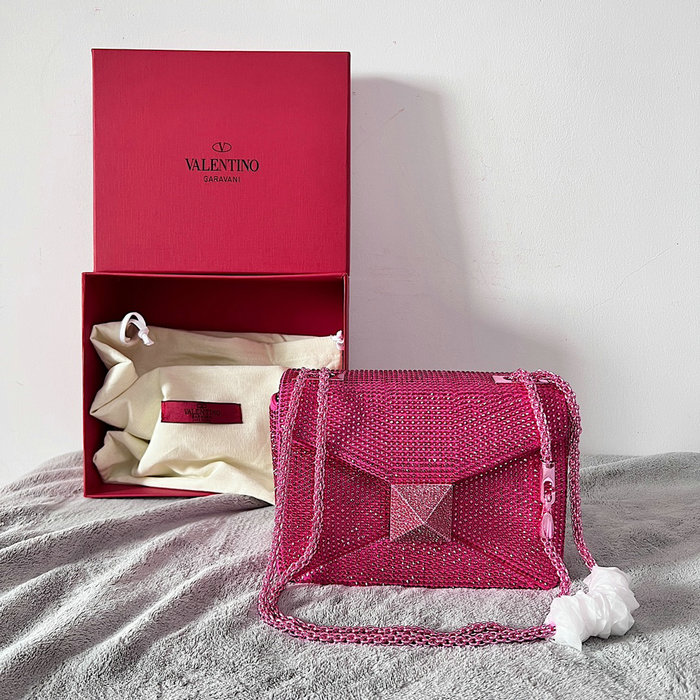 Valentino One Stud Rhinestone Embroidery Small Bag Pink V0137