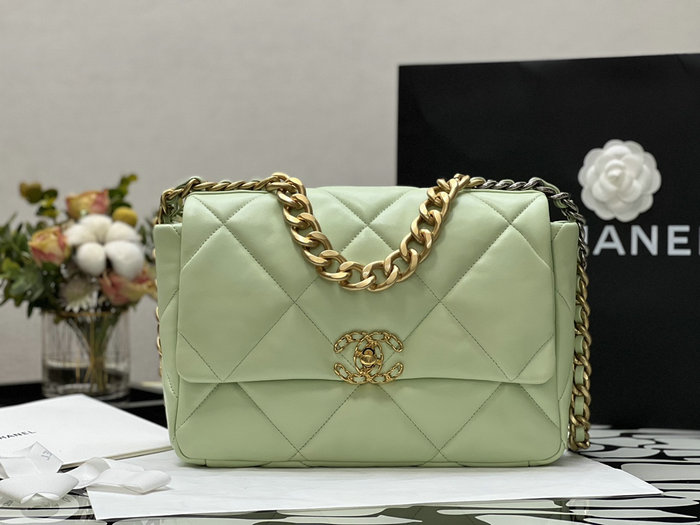 Chanel 19 Lambskin Large Flap Bag Off-White Green AS1161