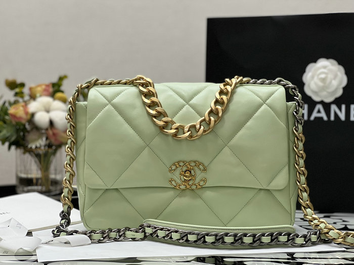 Chanel 19 Lambskin Large Flap Bag Off-White Green AS1161