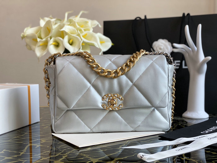 Chanel 19 Lambskin Large Flap Bag Off-White Silver AS1161