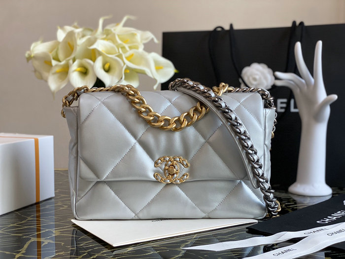 Chanel 19 Lambskin Large Flap Bag Off-White Silver AS1161