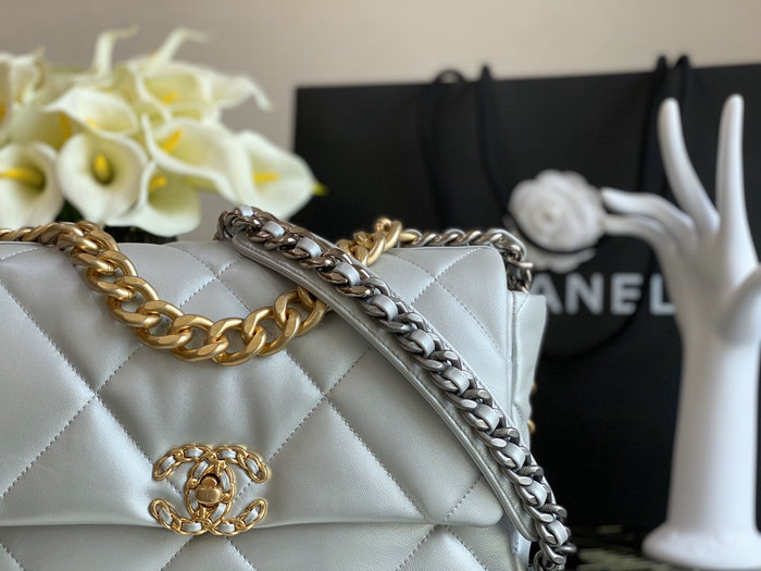 Chanel 19 Lambskin Large Flap Bag Off-White Silver AS1161