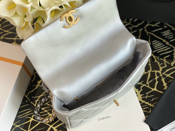 Chanel 19 Lambskin Large Flap Bag Off-White Silver AS1161