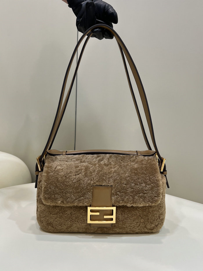 Fendi Shearling Flap Medallion Shoulder Bag Brown F8520