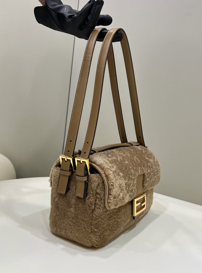 Fendi Shearling Flap Medallion Shoulder Bag Brown F8520