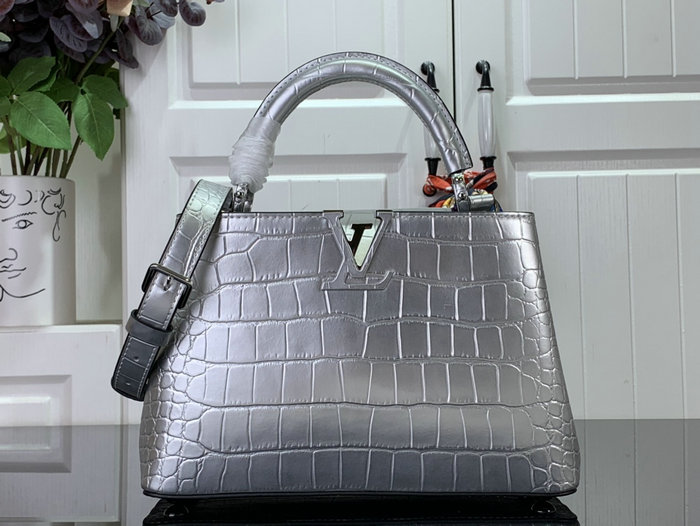 Louis Vuitton Embossed Crocodile Capucines Silver N92175