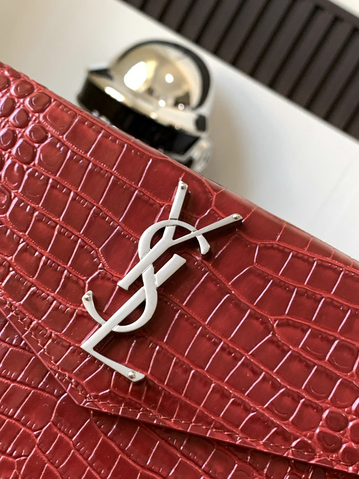 Saint Laurent Crocodile Clutch Bag Red with Silver 565739