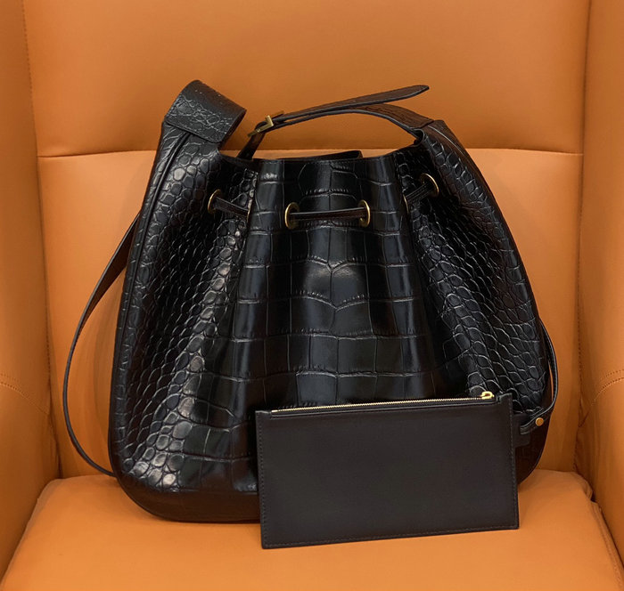 Saint Laurent Crocodile Paris Vii Large Flat Hobo Bag Black 697941