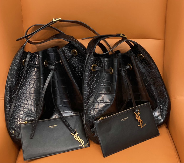 Saint Laurent Crocodile Paris Vii Large Flat Hobo Bag Black 697941