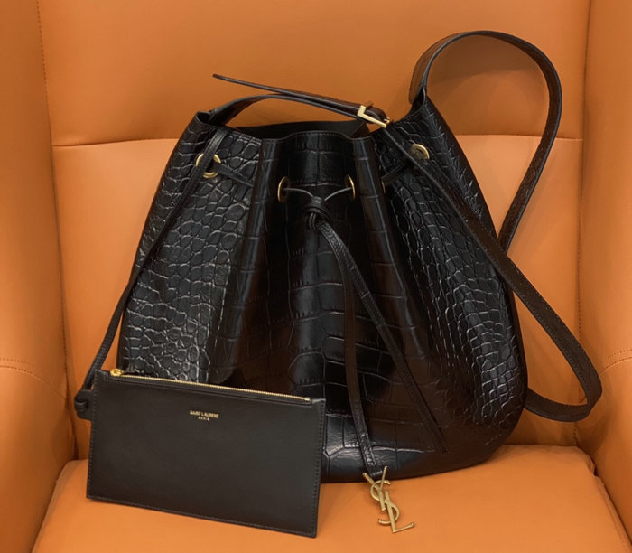 Saint Laurent Crocodile Paris Vii Large Flat Hobo Bag Black 697941