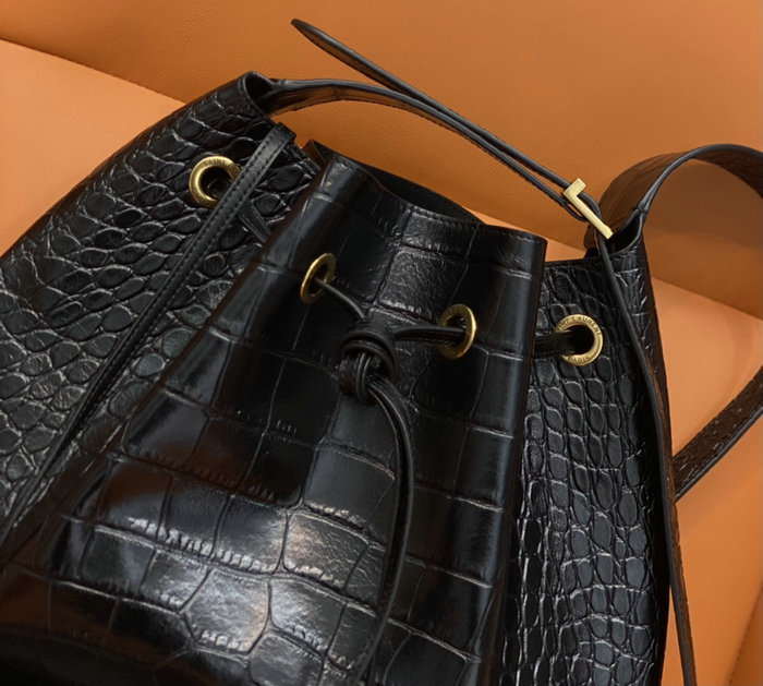 Saint Laurent Crocodile Paris Vii Large Flat Hobo Bag Black 697941