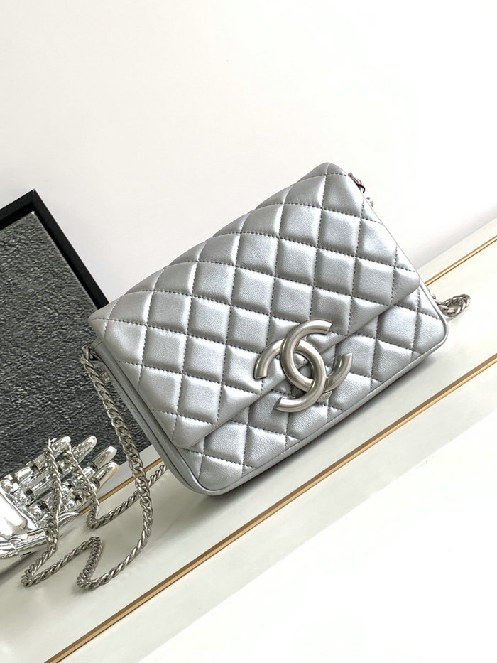 Chanel Lambskin Flap Shoulder Bag Silver AS3855