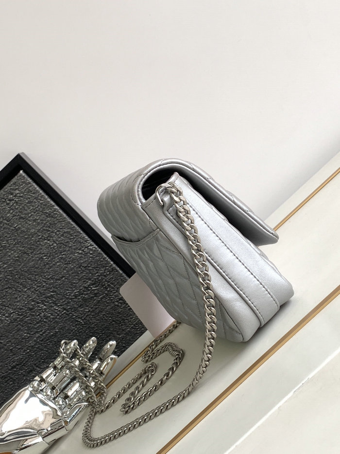 Chanel Lambskin Flap Shoulder Bag Silver AS3855