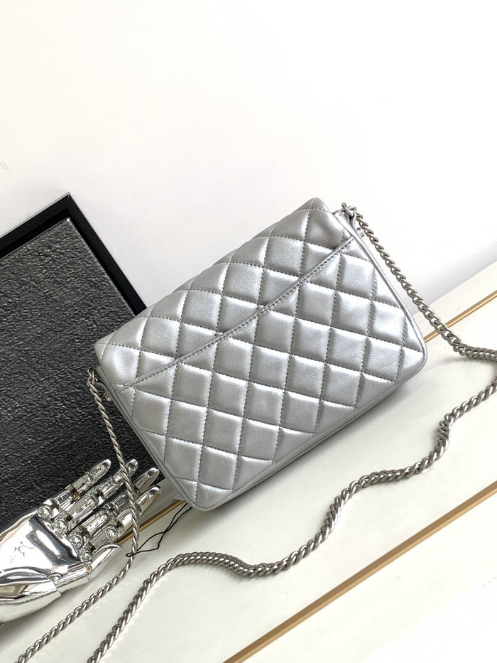 Chanel Lambskin Flap Shoulder Bag Silver AS3855