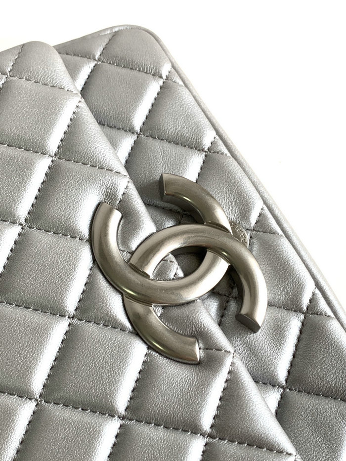 Chanel Lambskin Flap Shoulder Bag Silver AS3855