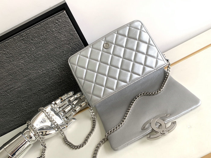 Chanel Lambskin Flap Shoulder Bag Silver AS3855