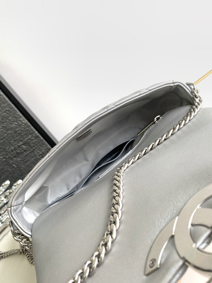 Chanel Lambskin Flap Shoulder Bag Silver AS3855