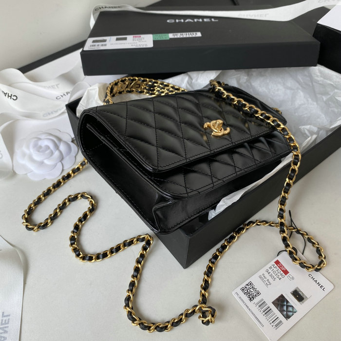 Chanel Shiny Calfskin Wallet On Chain Black AP3240