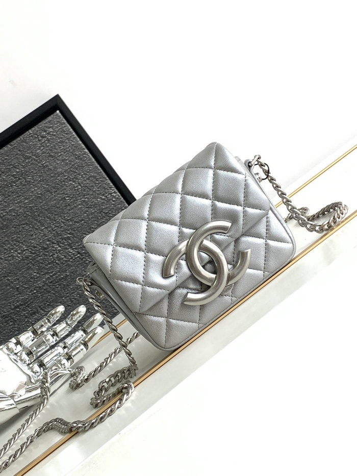 Mini Chanel Lambskin Flap Bag Silver AS3854