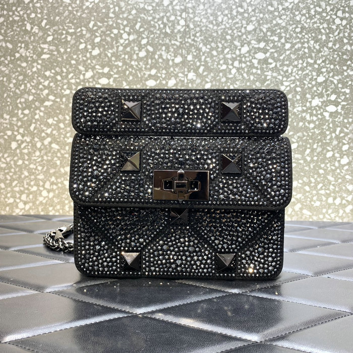 Valentino Small Rhinestones Roman Stud Bag Black V2299