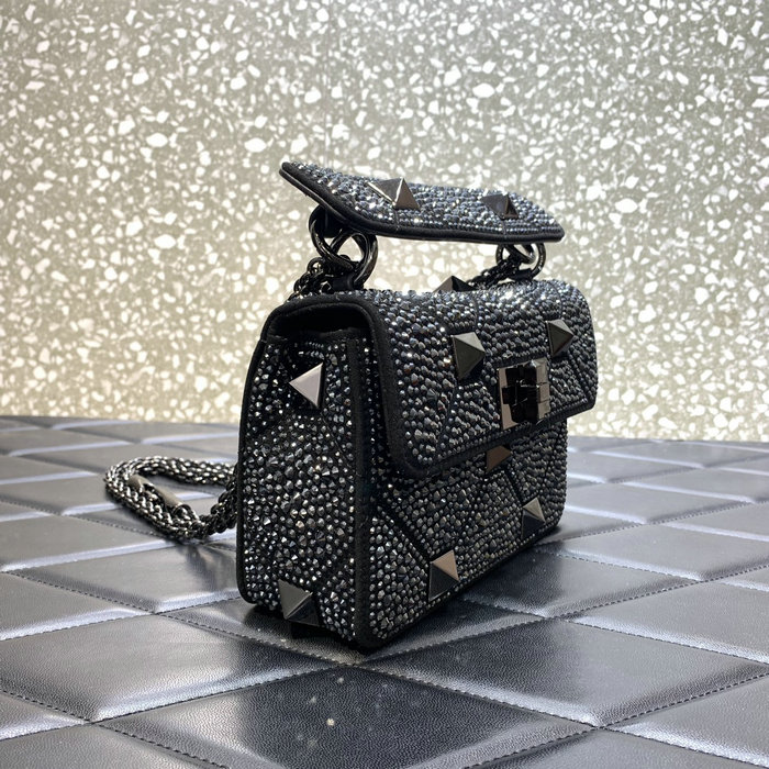 Valentino Small Rhinestones Roman Stud Bag Black V2299