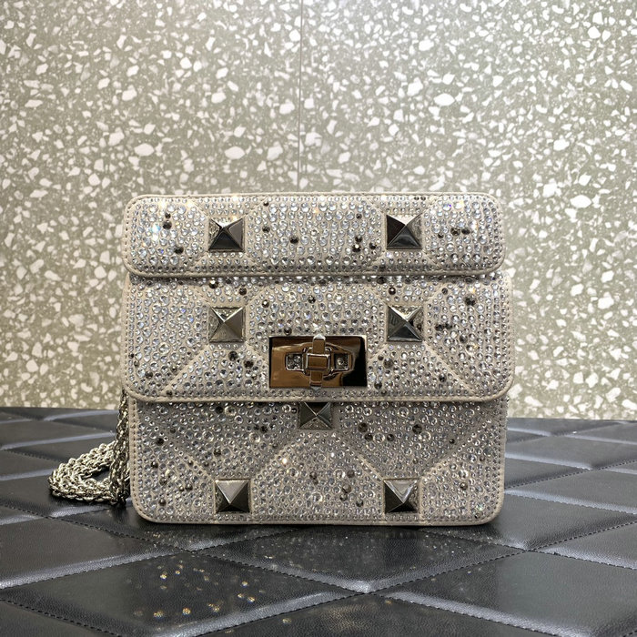 Valentino Small Rhinestones Roman Stud Bag Grey V2299