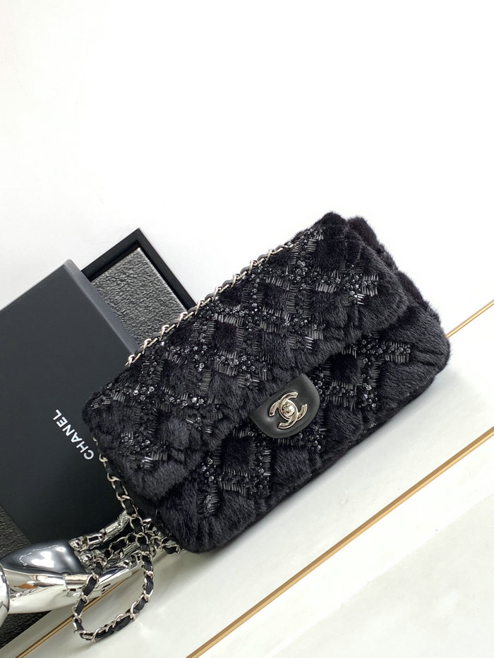 Classic Chanel Wool Medium Flap Bag Black AS6868