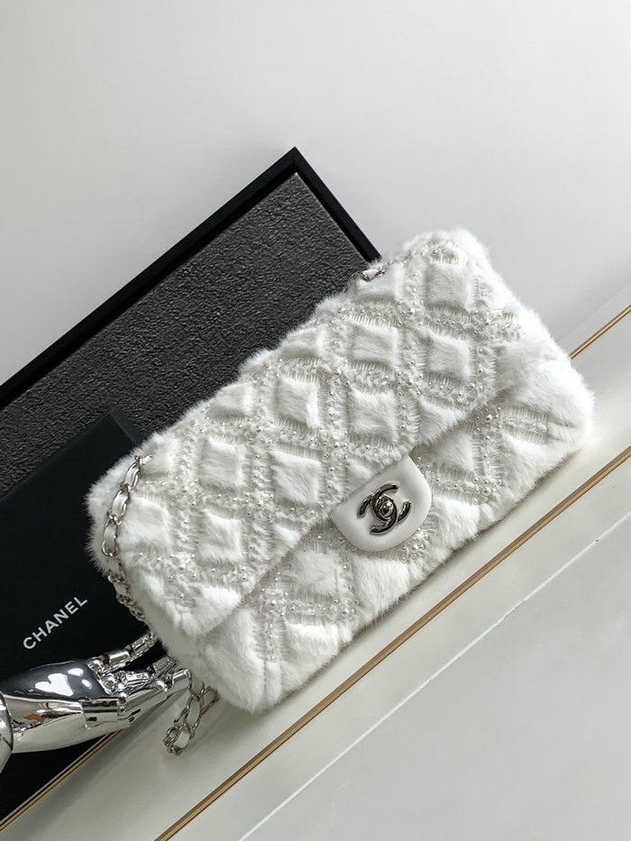 Classic Chanel Wool Medium Flap Bag White AS6868