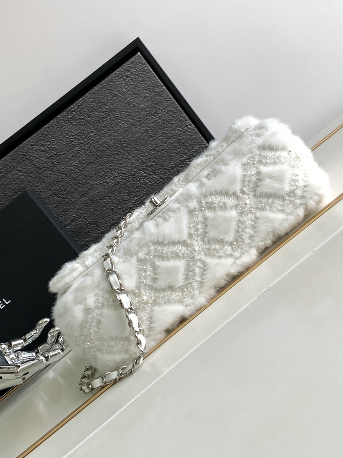 Classic Chanel Wool Medium Flap Bag White AS6868