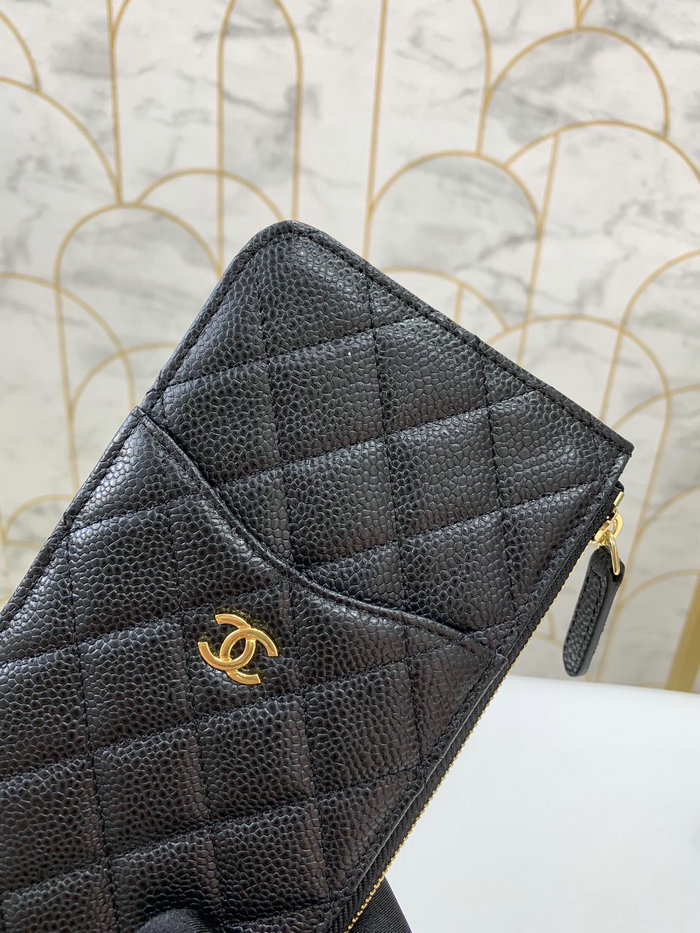 Chanel Caviar Phone Holder Long Zip Wallet Black A84402