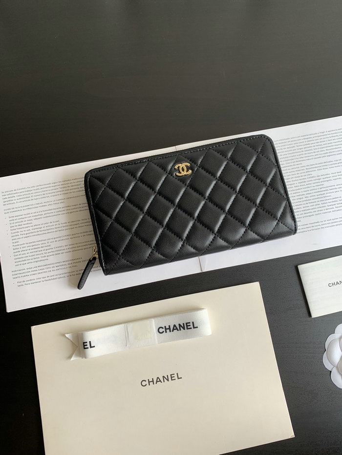 Chanel Lambskin Classic Long Zipped Wallet Black with Gold AP0242