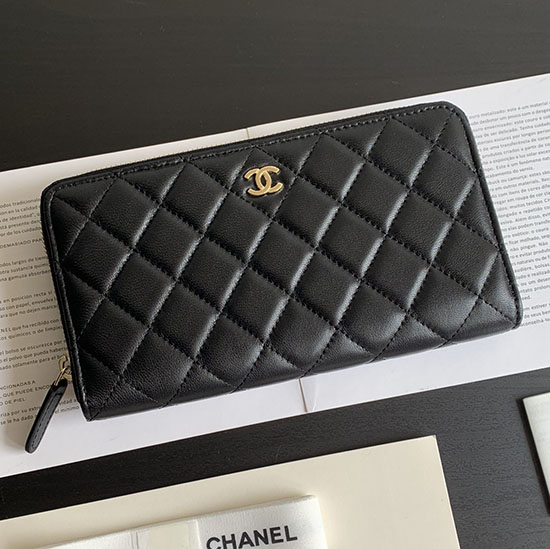 Chanel Lambskin Classic Long Zipped Wallet Black with Gold AP0242