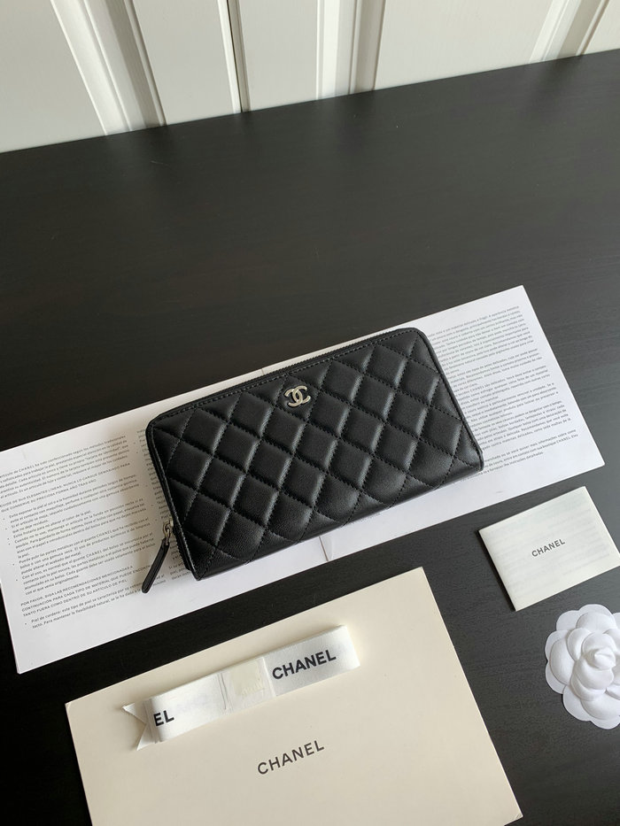 Chanel Lambskin Classic Long Zipped Wallet Black with Silver AP0242