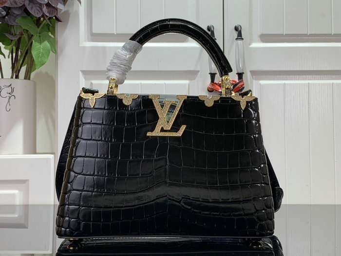 Louis Vuitton Embossed Crocodile Capucines BB Black with Gold N48865