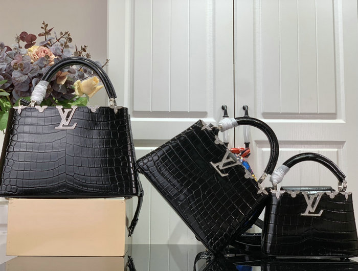 Louis Vuitton Embossed Crocodile Capucines BB Black with Silver N48865