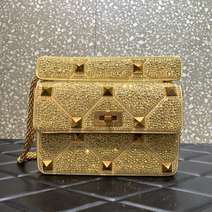 Valentino Medium Rhinestones Roman Stud Bag Gold V0082