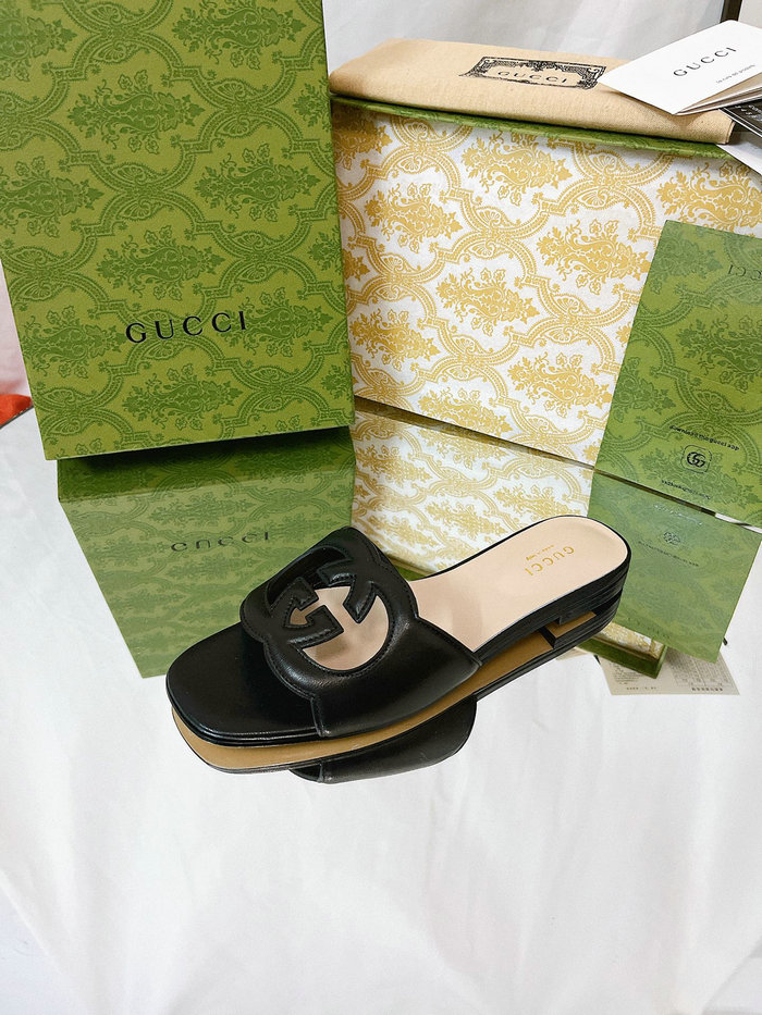 Gucci Cut Leather Interlocking G Sandals Black SNG051402