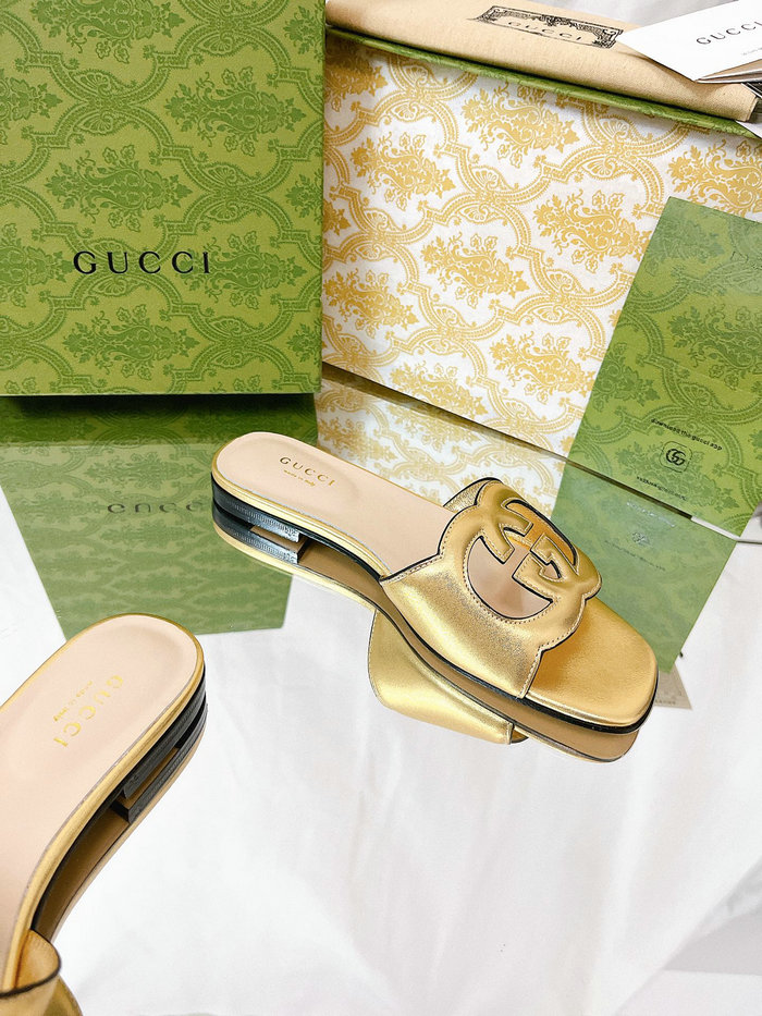 Gucci Cut Leather Interlocking G Sandals Gold SNG051402