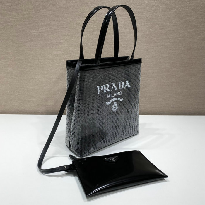 Prada Small sequined mesh tote bag Black 1BG417