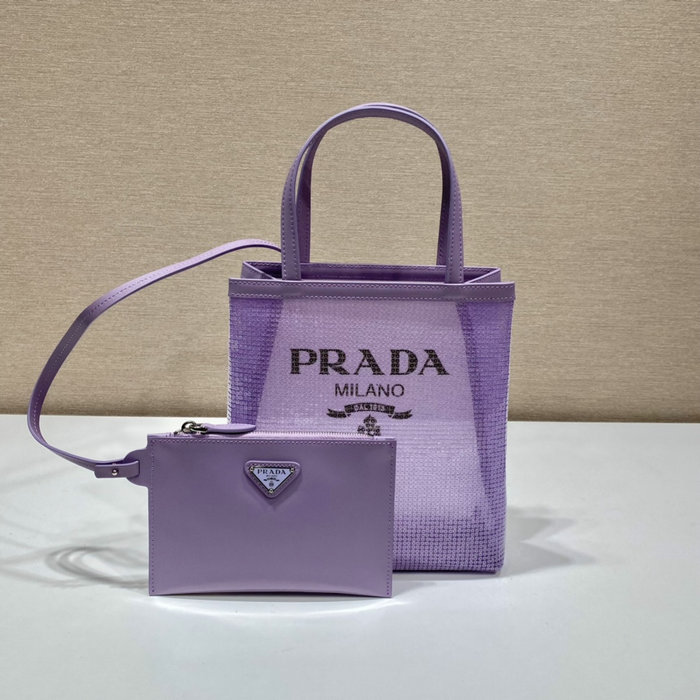 Prada Small sequined mesh tote bag Purple 1BG417