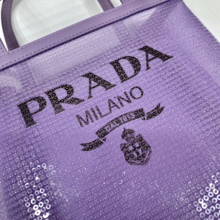 Prada Small sequined mesh tote bag Purple 1BG417