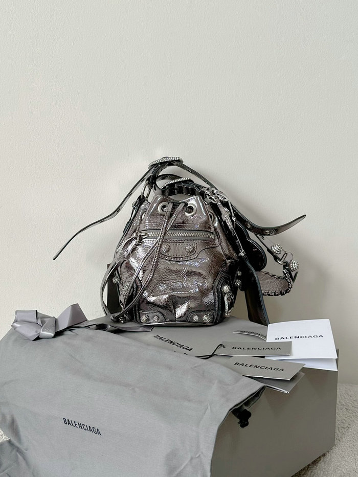 BALENCIAGA Le Cagole XS Leather Bucket Bag Silver B702431