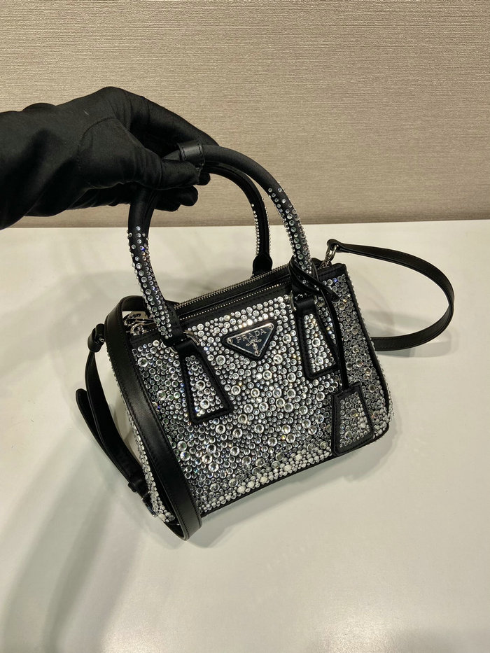 Prada Galleria satin mini-bag with crystals Black 1BA906