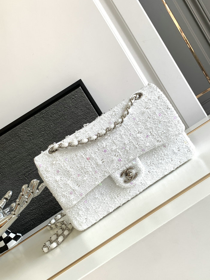 Chanel Tweed Medium Flap Bag White CF1112