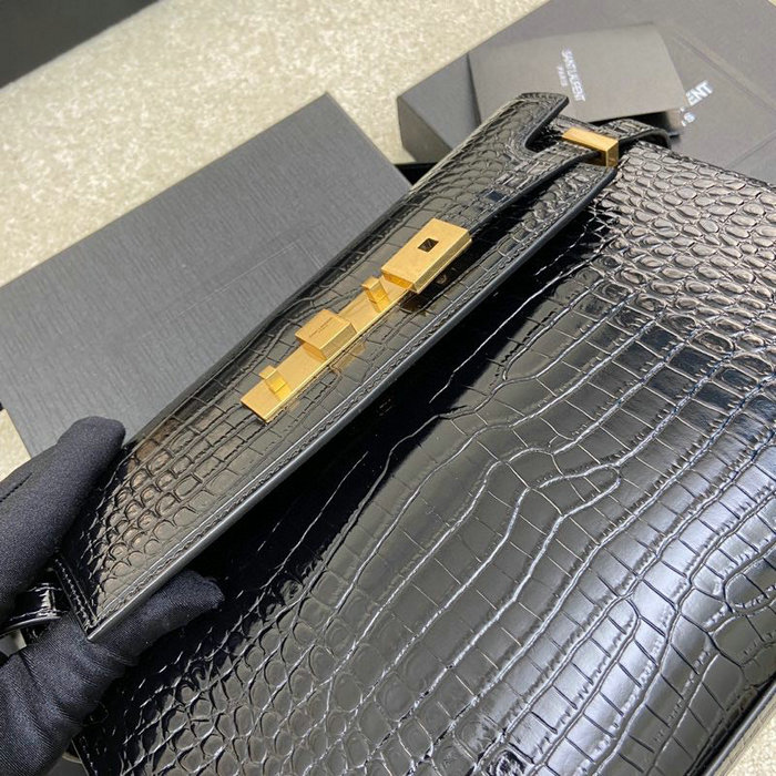 Saint Laurent Embossed Crocodile Manhattan Shoulder Bag Black 579271