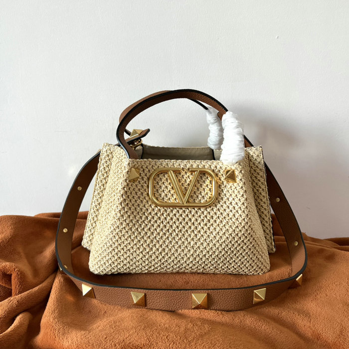 Valentino Garavani Small VLOGO Raffia Tote Bag Beige V0099S