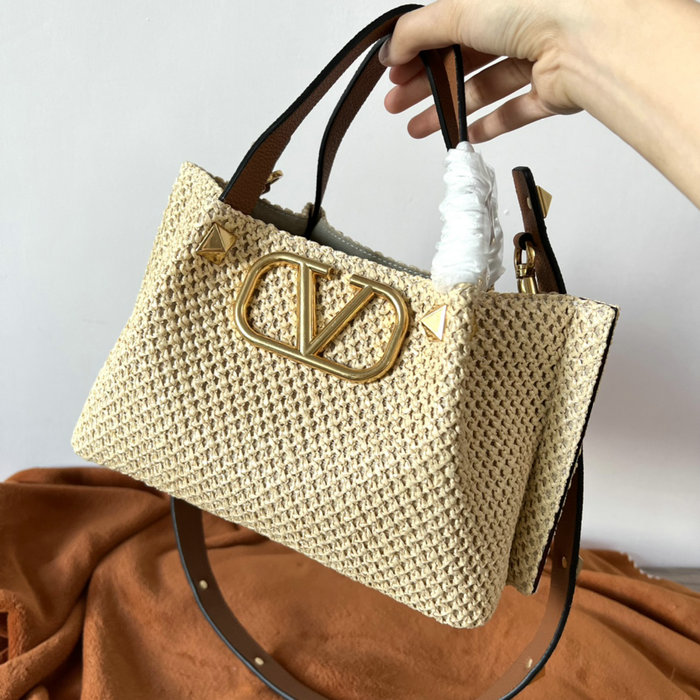 Valentino Garavani Small VLOGO Raffia Tote Bag Beige V0099S