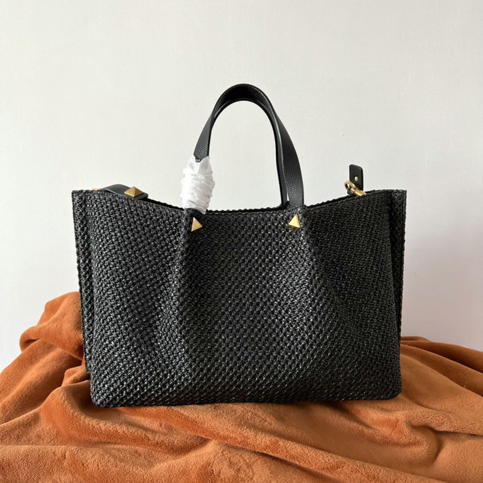 Valentino Garavani Medium VLOGO Raffia Tote Bag Black V0099L